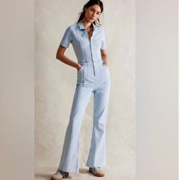 NWOT Free People We The Free Jayde Flare Jumpsuit Light Blue - Picture 2 of 14